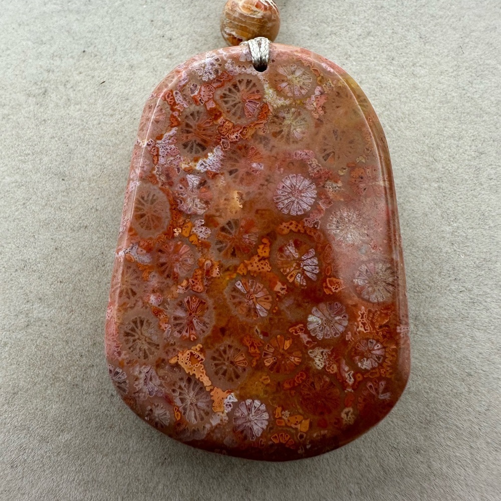 Coral Fossil Bull Pendant Necklace Silver Accent Adjustable Rope - Picture 5 of 9
